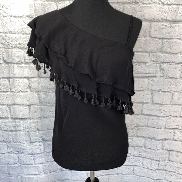Blue Rain one shoulder top w/Pom Pom fringe black size small women - Picture 1 of 11